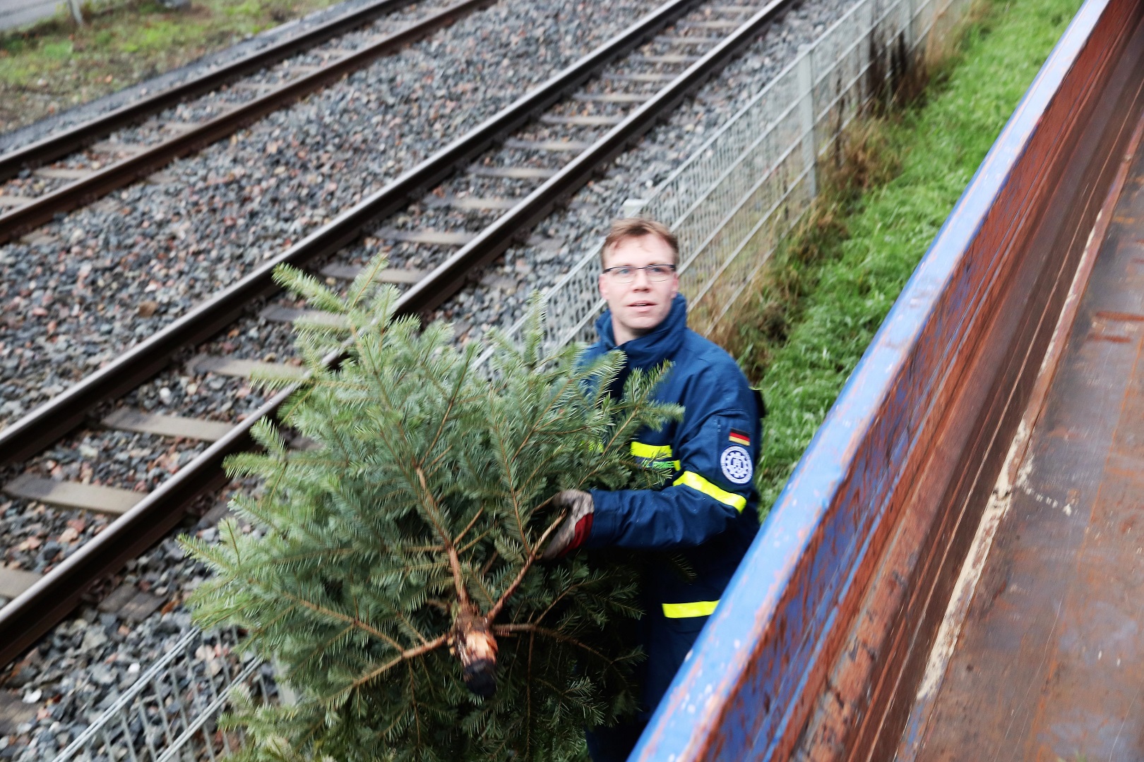 Tannenbaum wird auf Kipplaster verlastet